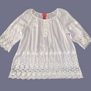 V Cristina Silk White Sz L Blouse Shirt Boho Embroidered Sheer 3/4 Sleeve Button